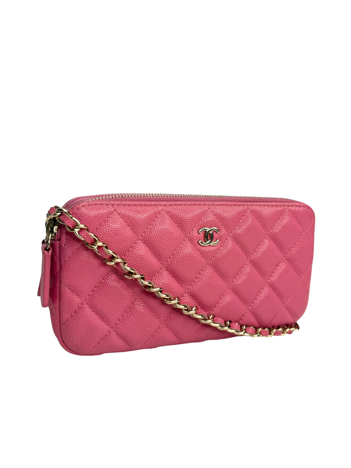 Chanel Pink Caviar Double Zip Clutch With Chain T9190
