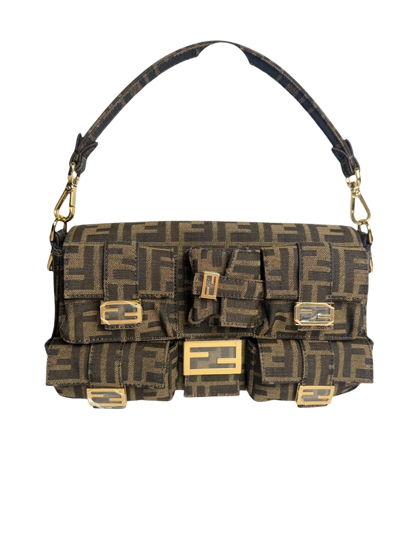Fendi Brown FF Jacquard Fabric Multipocket Baguette T8148