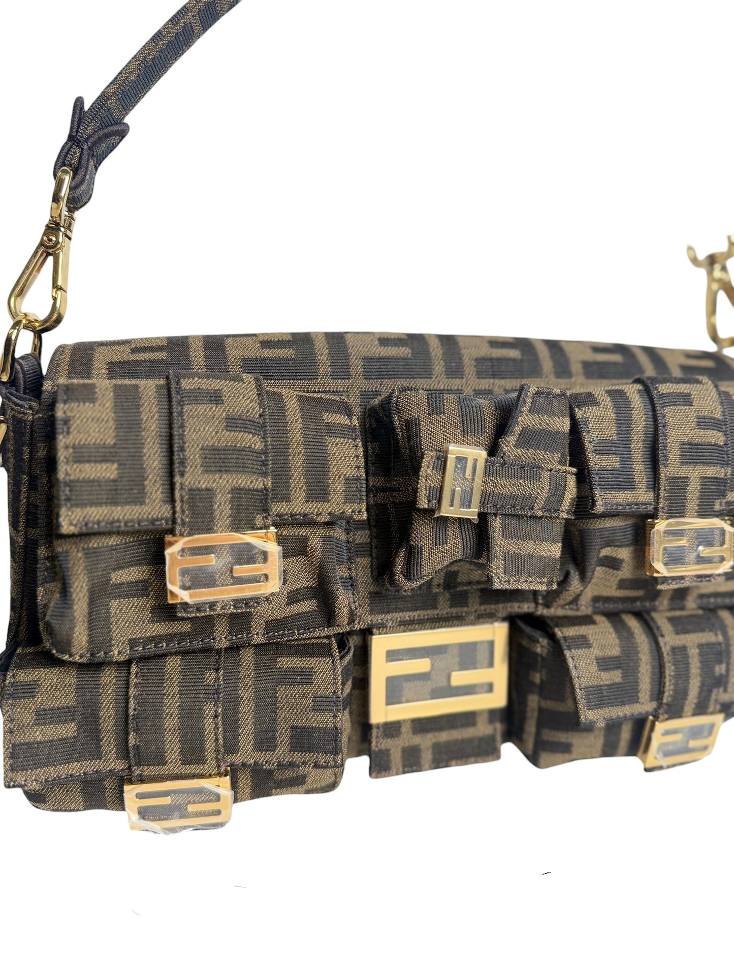 Fendi Brown FF Jacquard Fabric Multipocket Baguette T8148