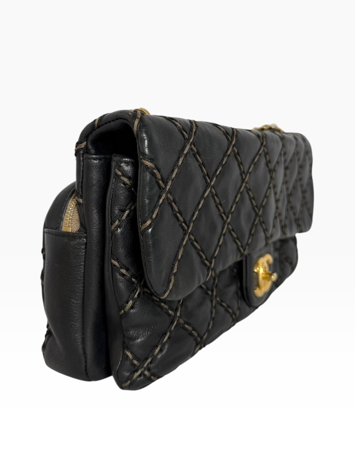 Chanel East/West Flap Black Brown Stitch