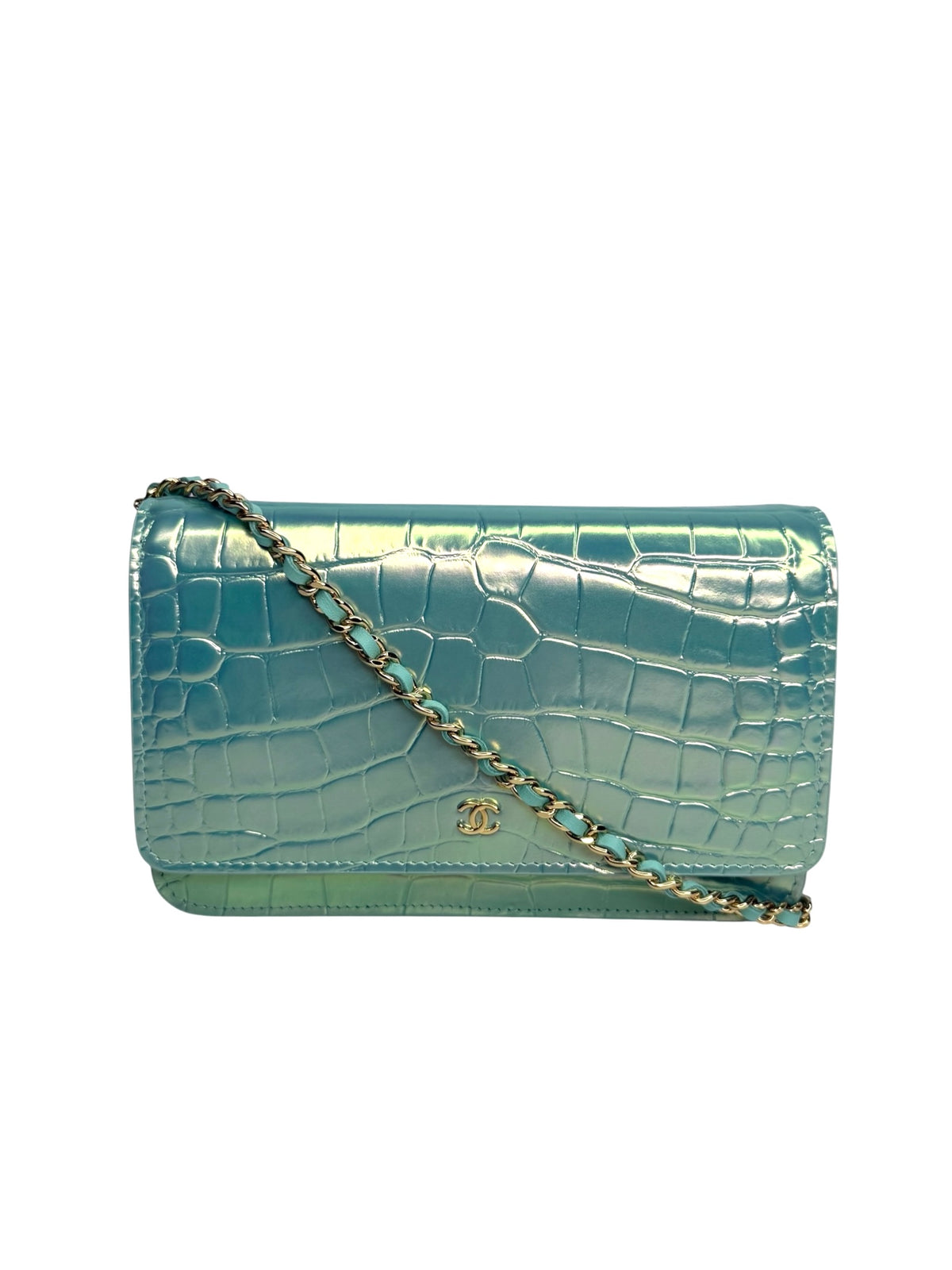 Chanel Turquoise Crocodile Embossed Iridescent Wallet On Chain T9304