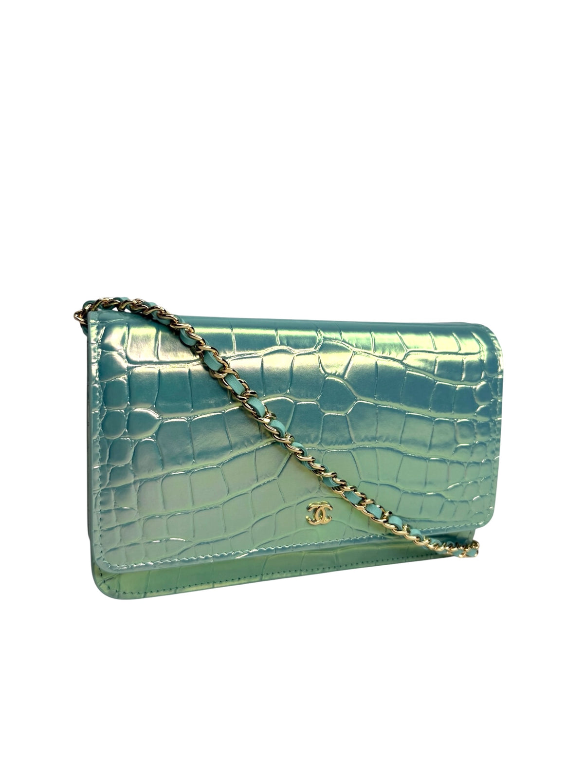 Chanel Turquoise Crocodile Embossed Iridescent Wallet On Chain T9304