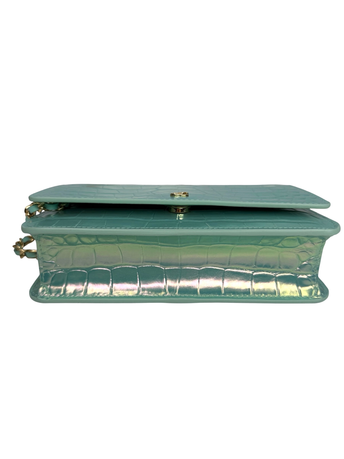 Chanel Turquoise Crocodile Embossed Iridescent Wallet On Chain T9304