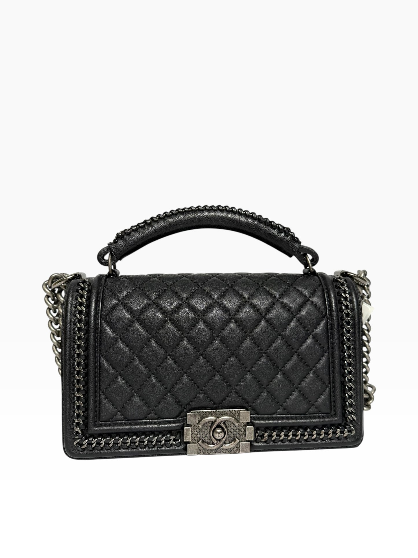 Chanel Top Handle Chain Around Black Calfskin Boy Bag Old Medium RHW