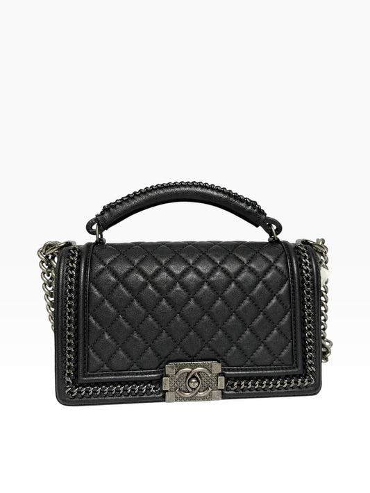 Chanel Top Handle Chain Around Black Calfskin Boy Bag Old Medium RHW