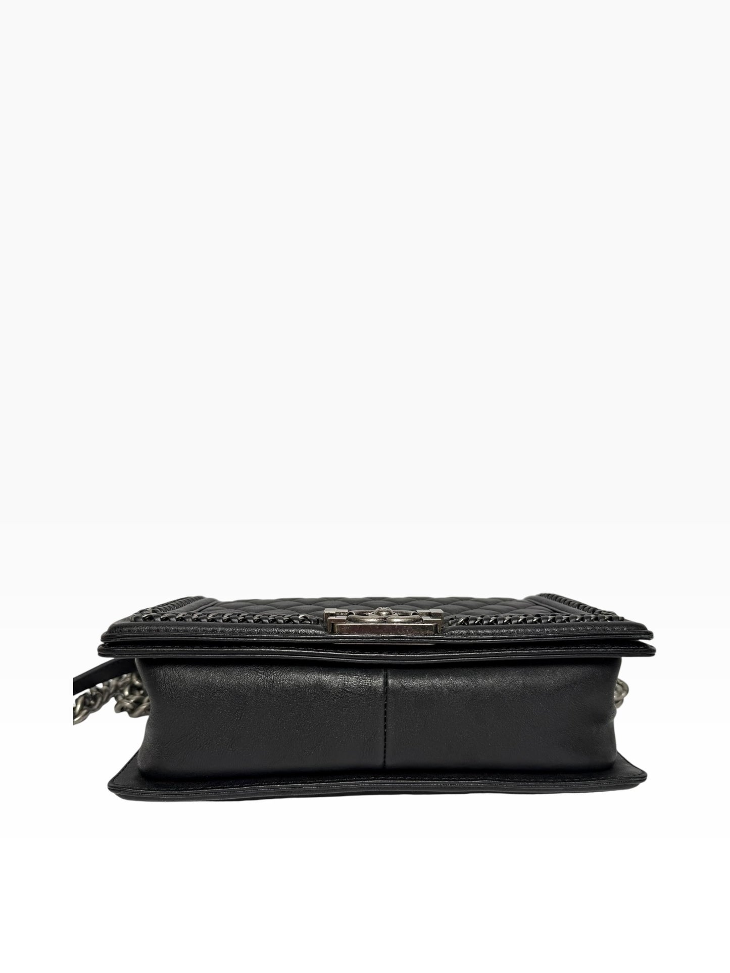 Chanel Top Handle Chain Around Black Calfskin Boy Bag Old Medium RHW