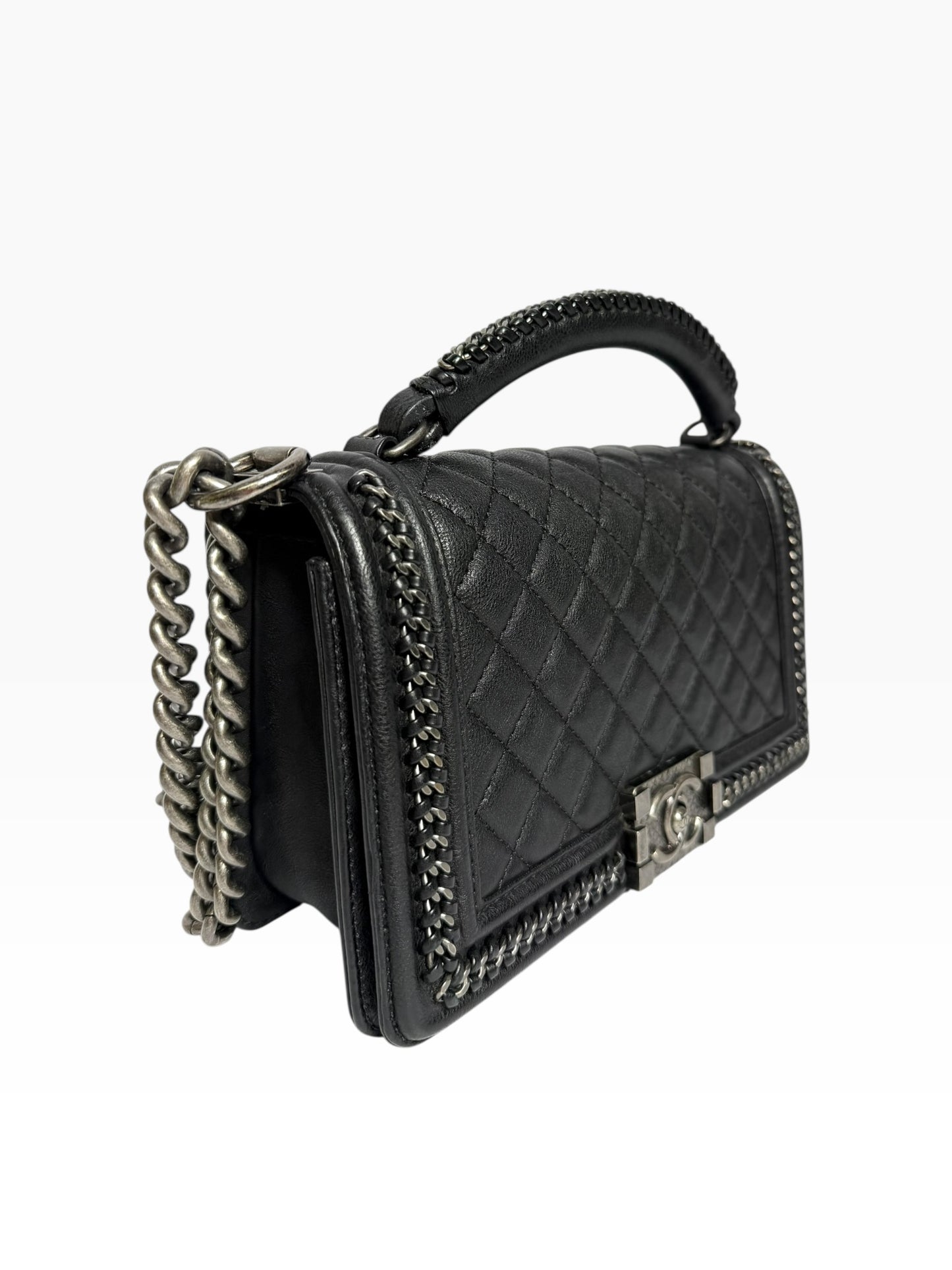 Chanel Top Handle Chain Around Black Calfskin Boy Bag Old Medium RHW
