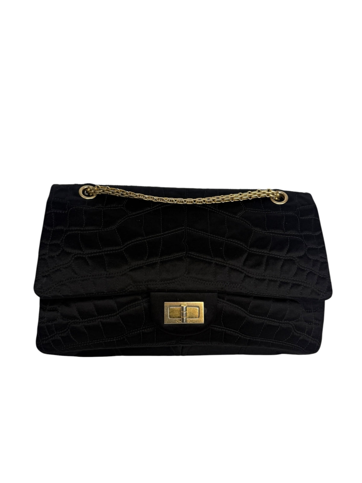 Chanel Black Crocodile Embossed Satin Reissue 2.55 T9275