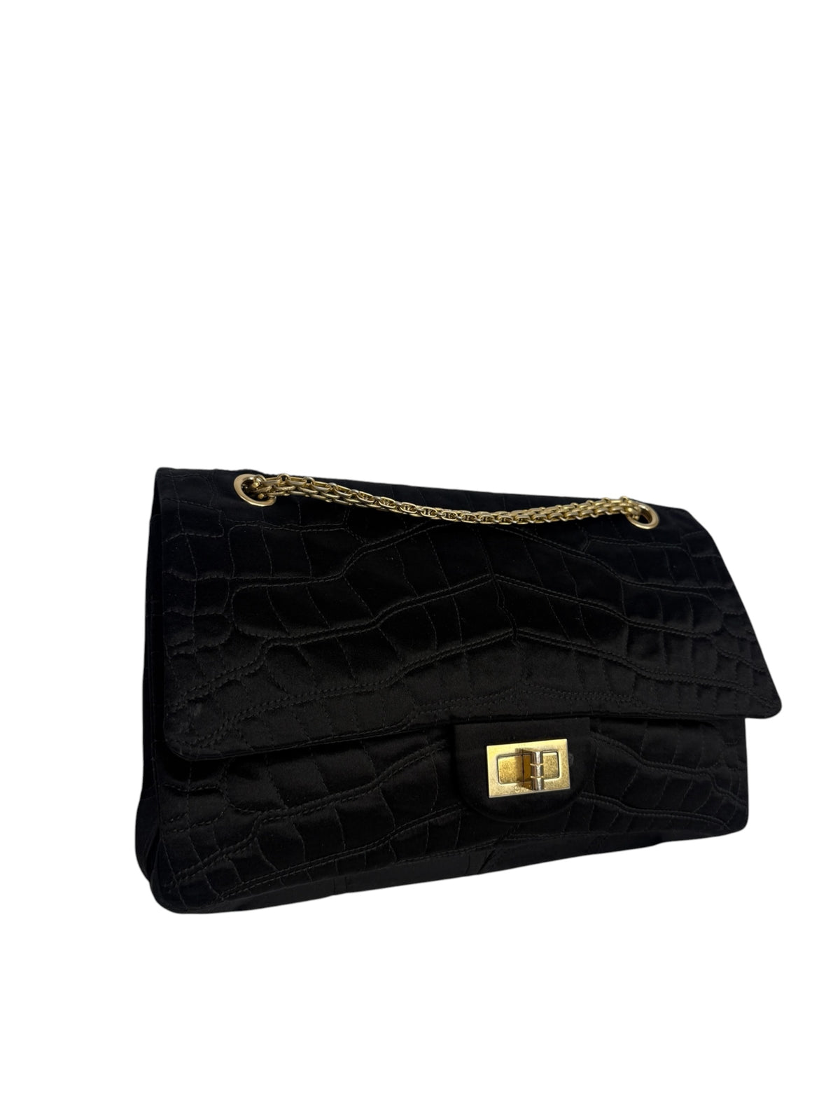 Chanel Black Crocodile Embossed Satin Reissue 2.55 T9275