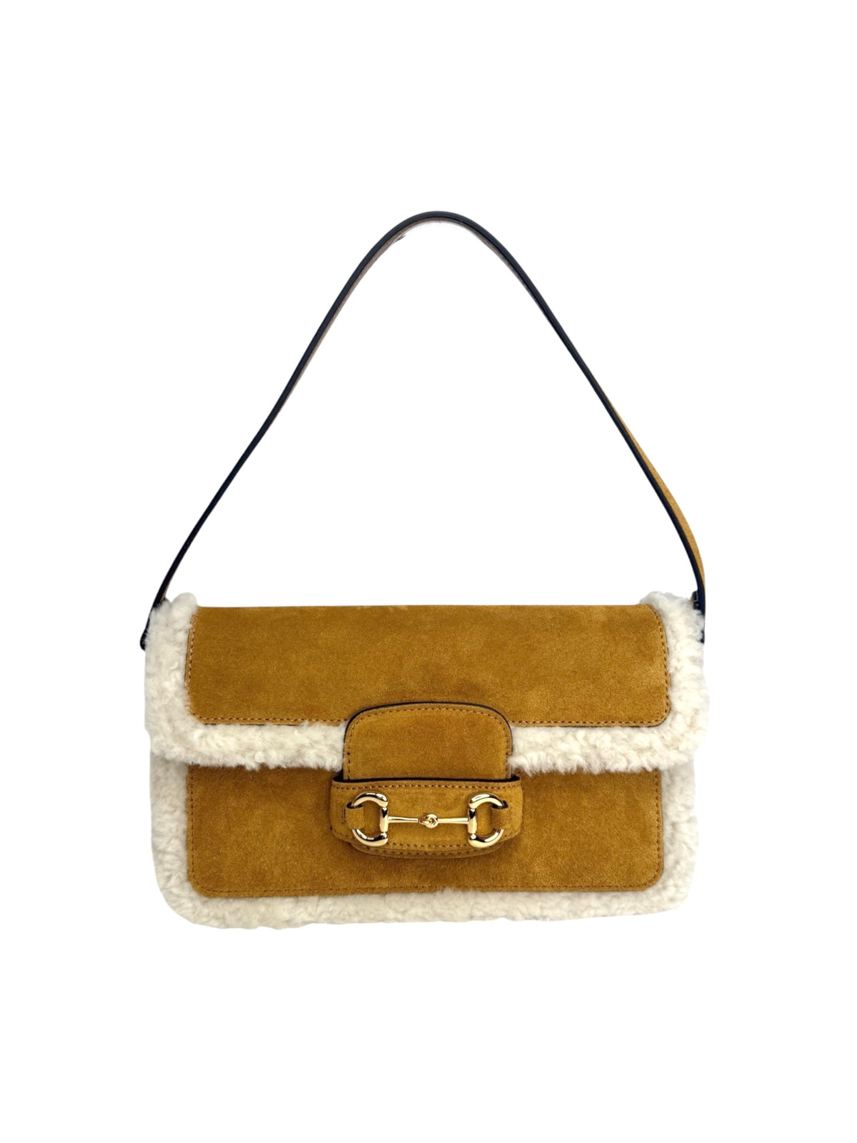 Gucci Mini Horsebit 1955 Brown Shearling Shoulder Bag T9283