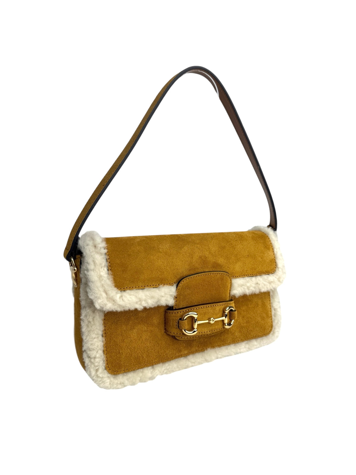 Gucci Mini Horsebit 1955 Brown Shearling Shoulder Bag T9283