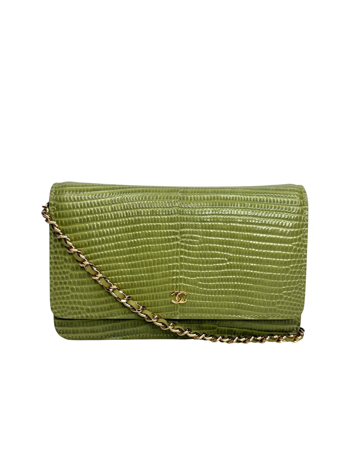 Chanel Green Lizard Embossed Wallet on Chain T9303