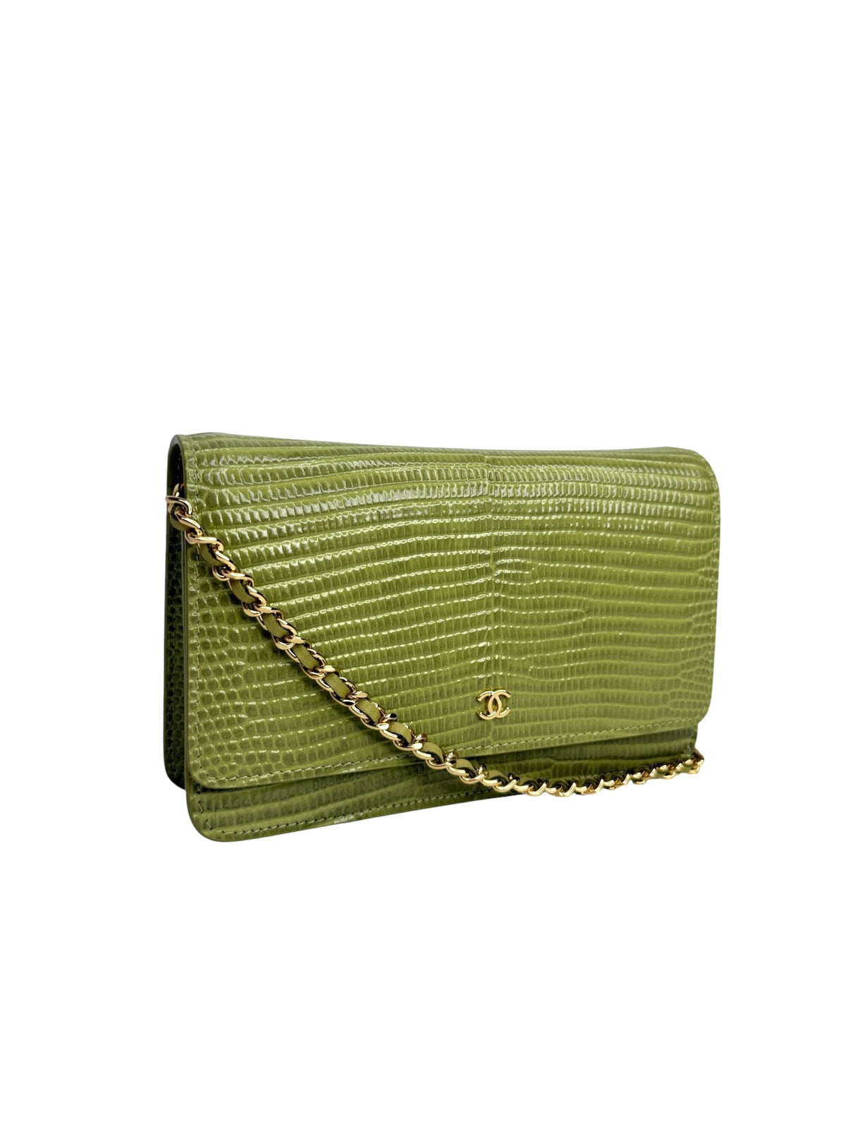 Chanel Green Lizard Embossed Wallet on Chain T9303