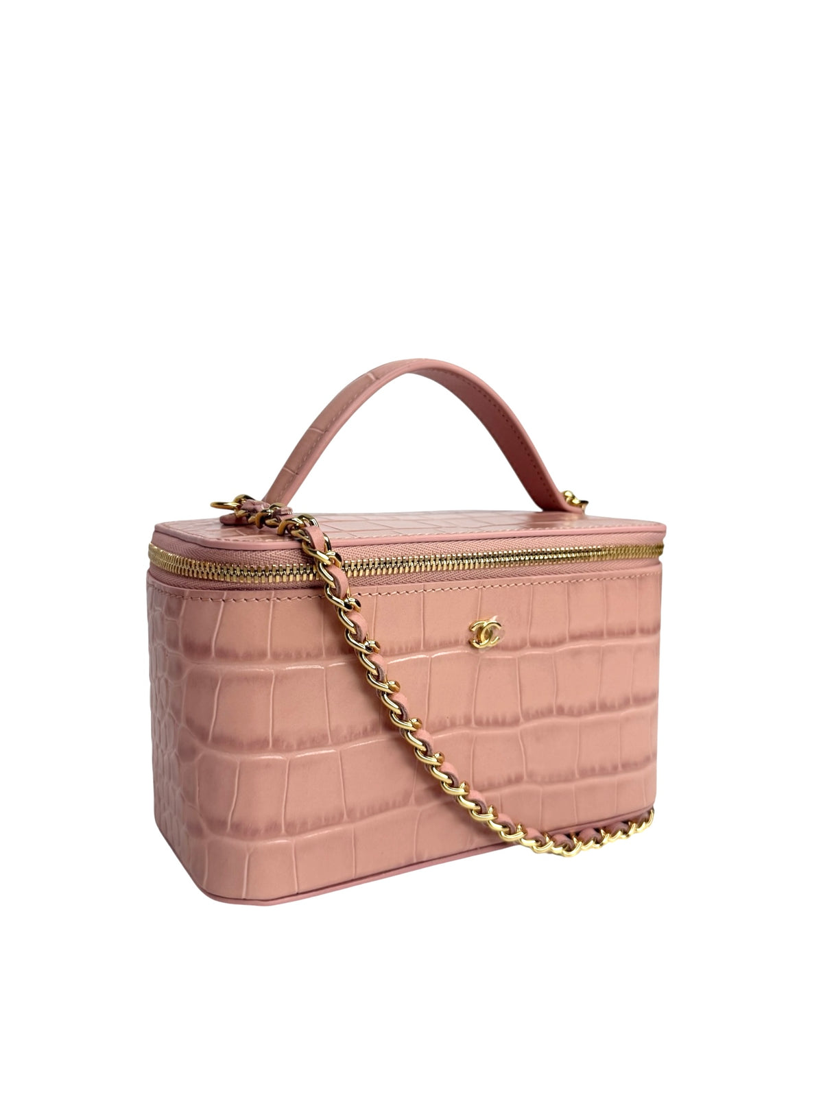 Chanel Pink Crocodile Embossed Top Handle Vanity T9301