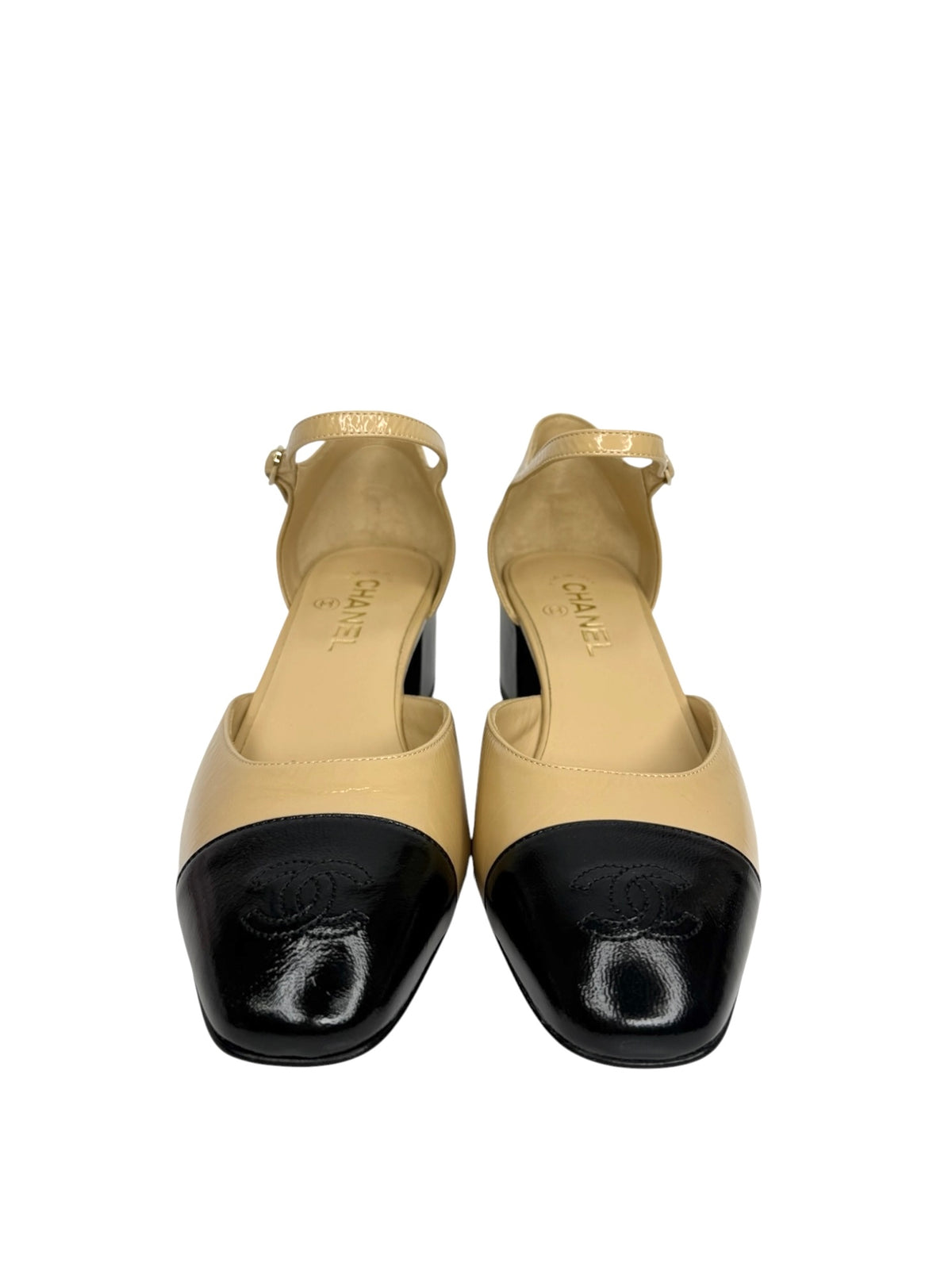 Chanel Shiny Lambskin CC Mary Jane Block Heels Beige Black T8078