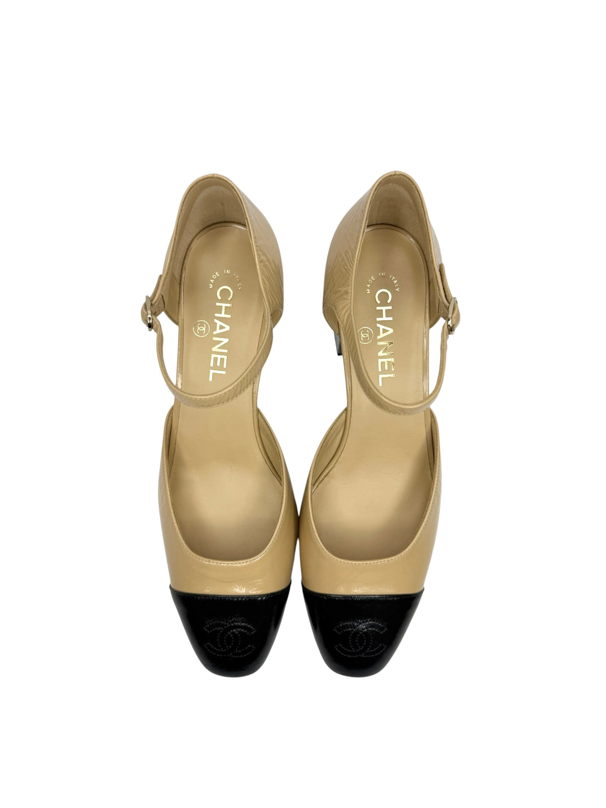 Chanel Shiny Lambskin CC Mary Jane Block Heels Beige Black T8078