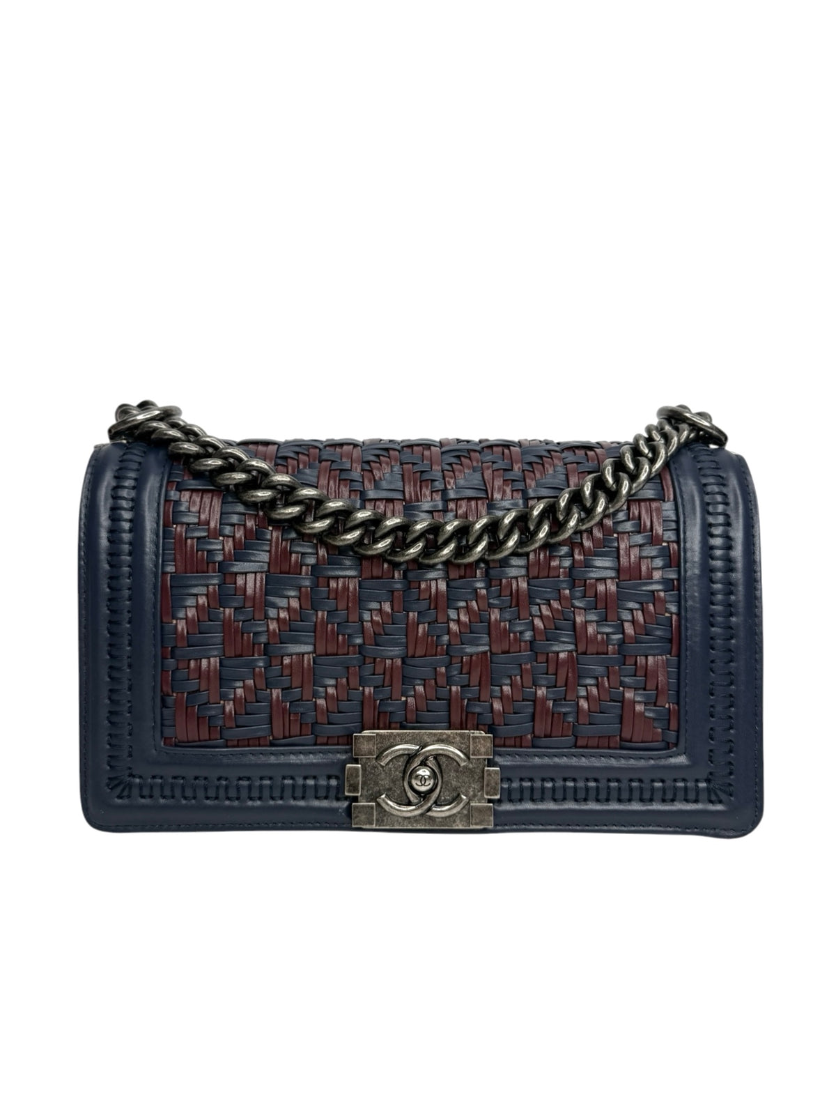 Chanel Navy and Maroon Woven Boy Bag T9289