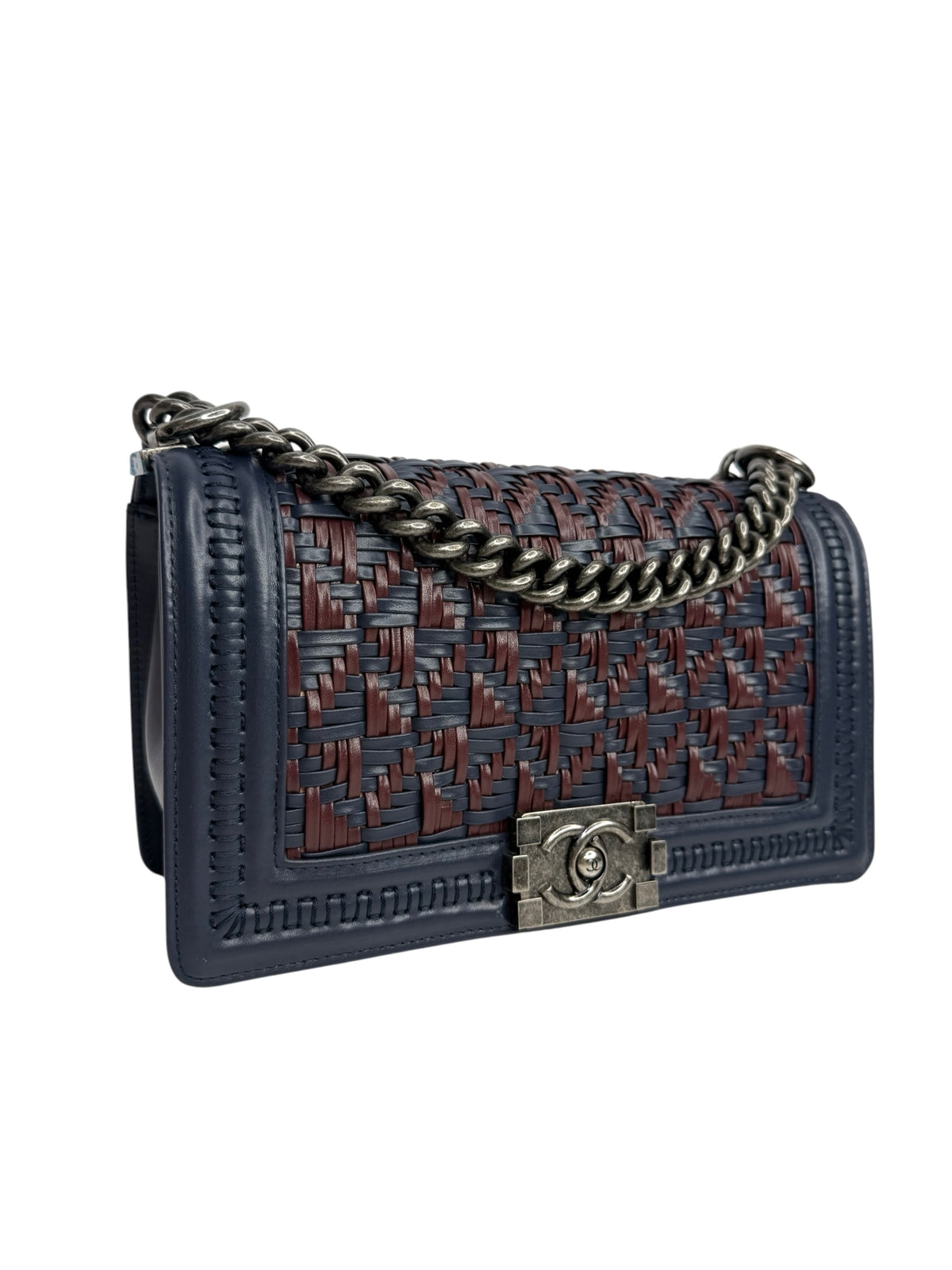 Chanel Navy and Maroon Woven Boy Bag T9289