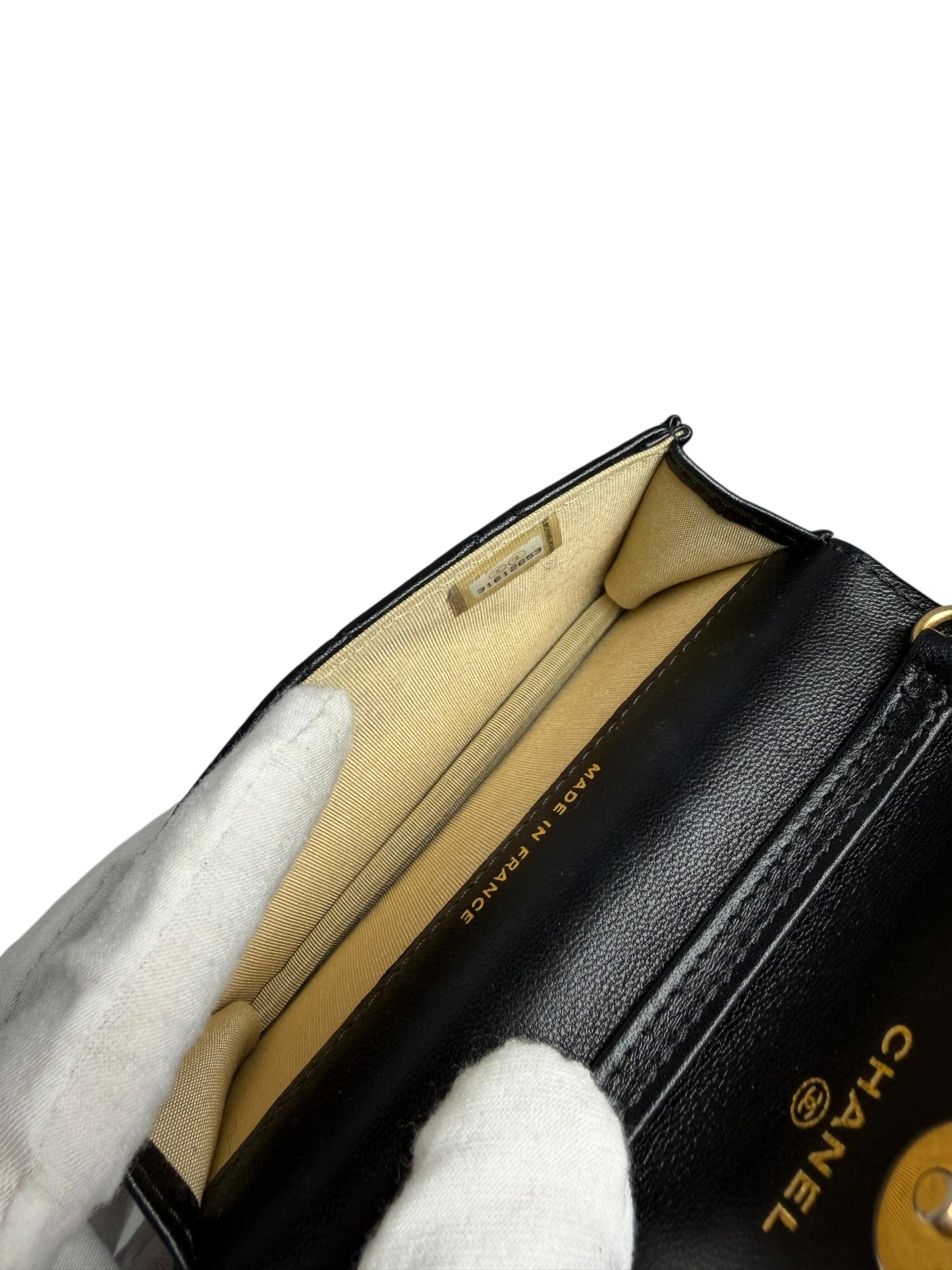 Chanel micro pearl crush flap black lamb ghw