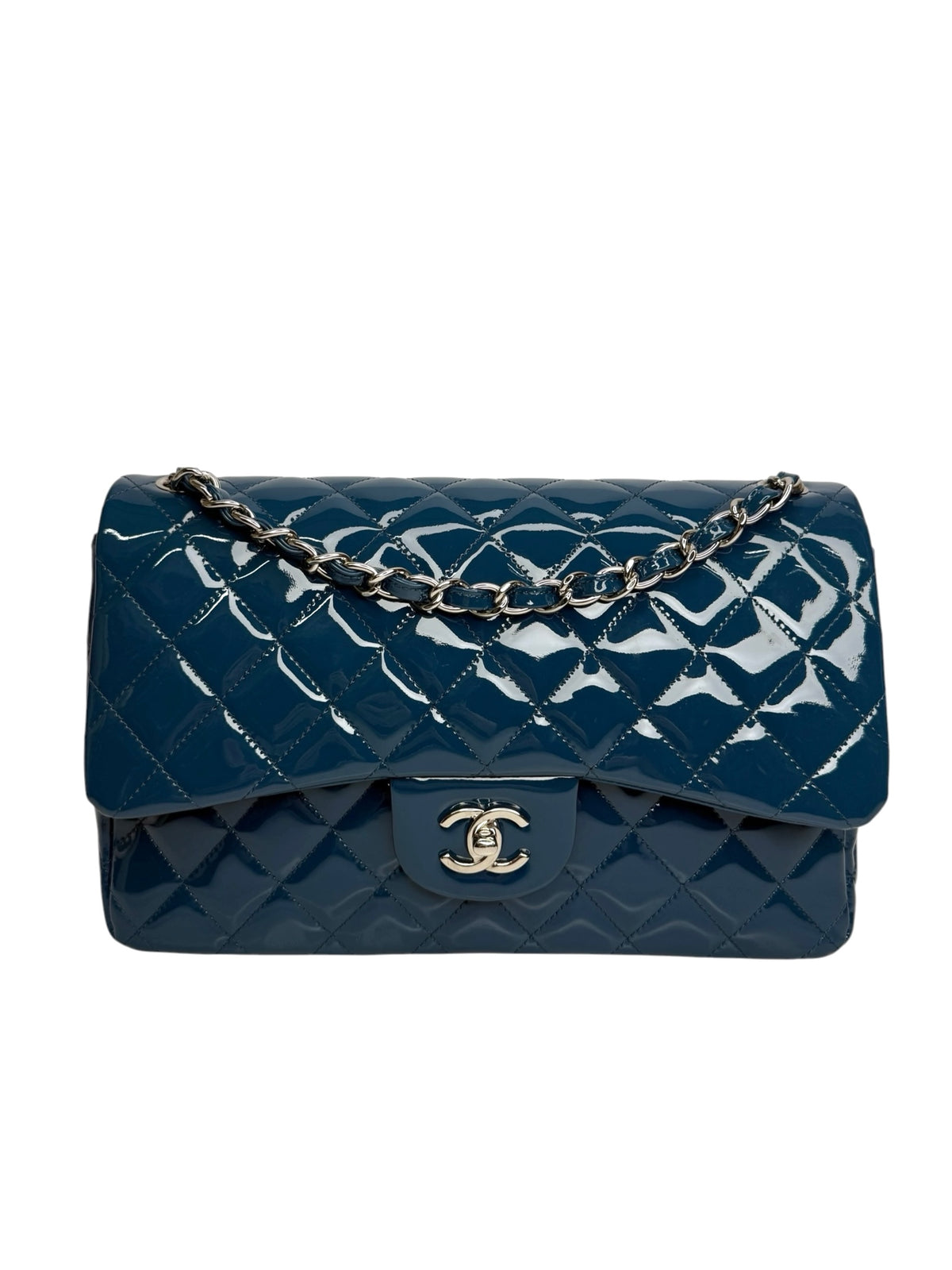 Chanel Patent Blue Jumbo Double Flap SHW T9291