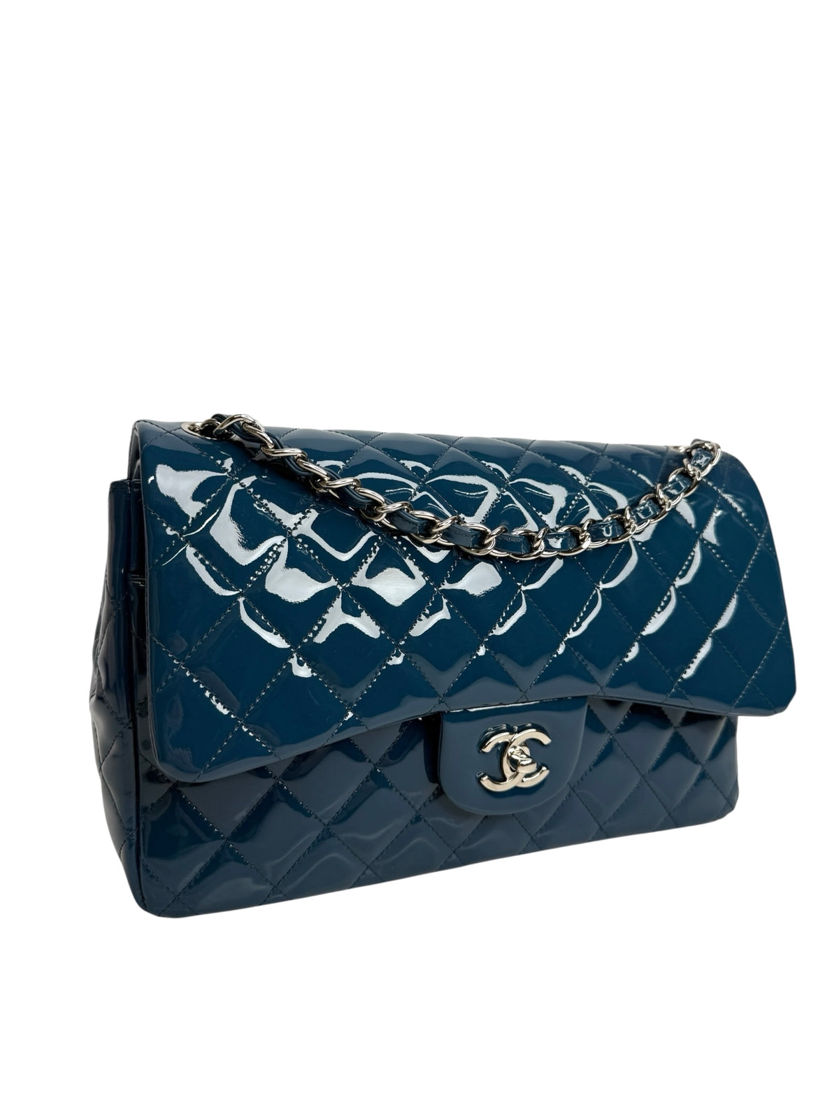 Chanel Patent Blue Jumbo Double Flap SHW T9291