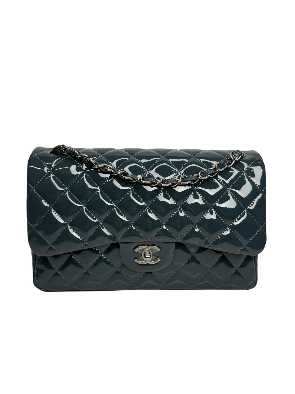 Chanel Dusty Blue Patent Jumbo Double Flap SHW T9290