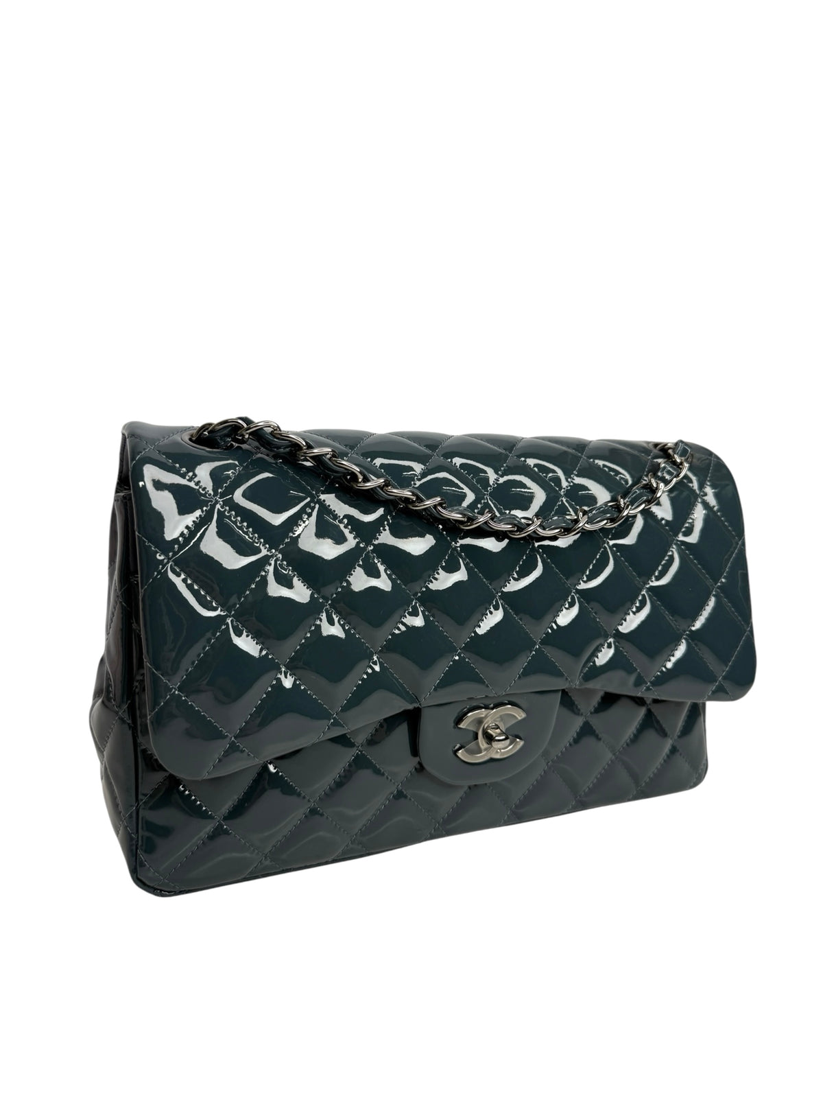 Chanel Dusty Blue Patent Jumbo Double Flap SHW T9290