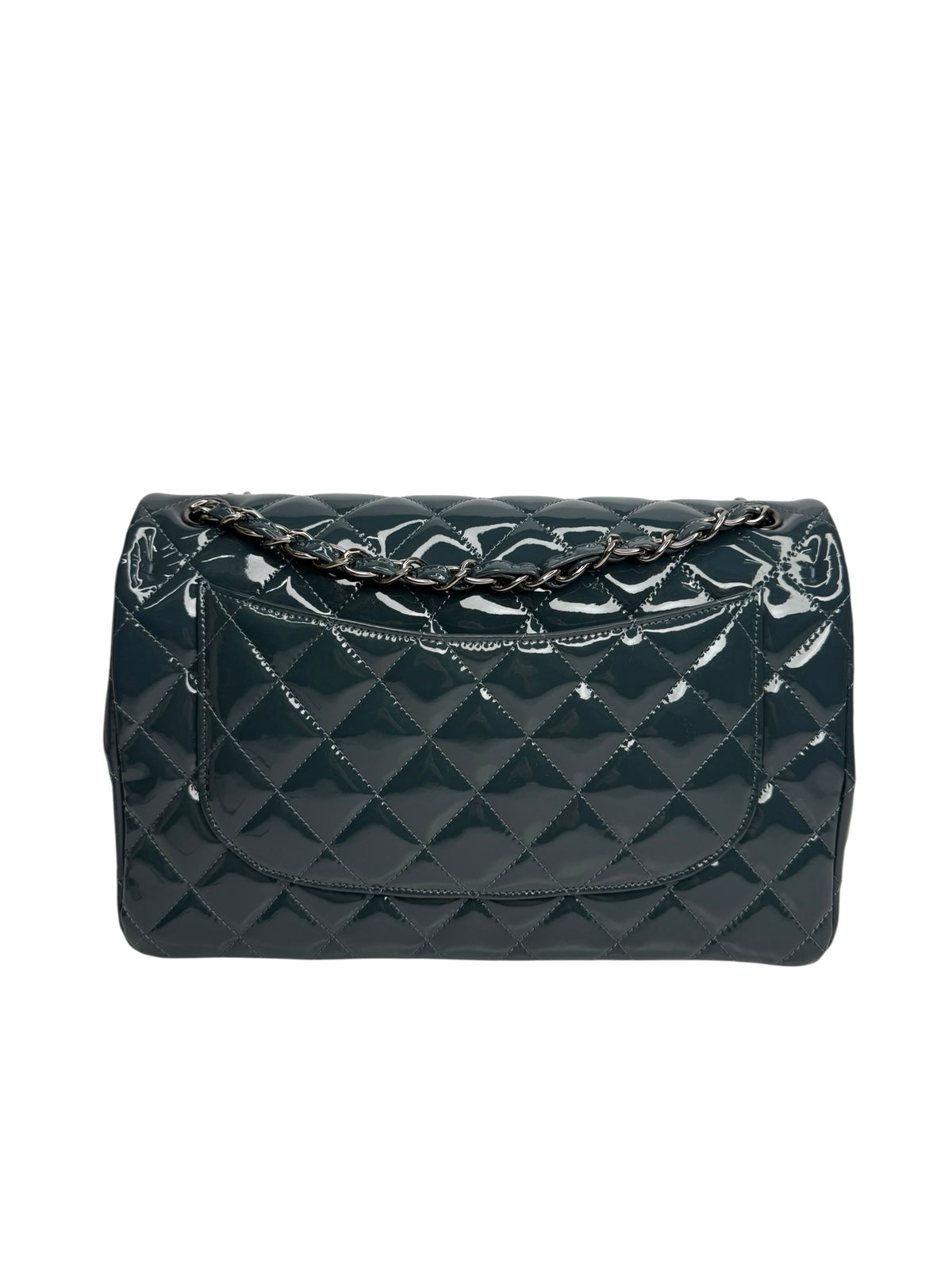 Chanel Dusty Blue Patent Jumbo Double Flap SHW T9290