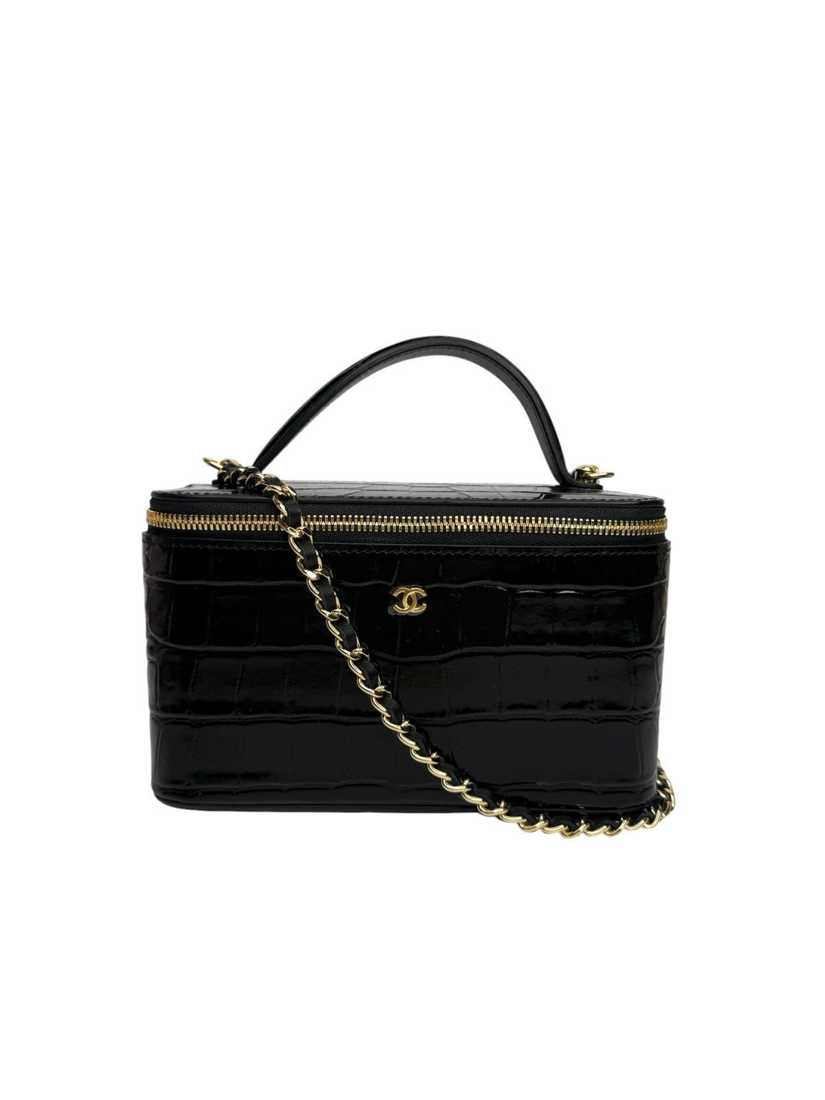 Chanel Black Crocodile Embossed Top Handle Vanity T9344