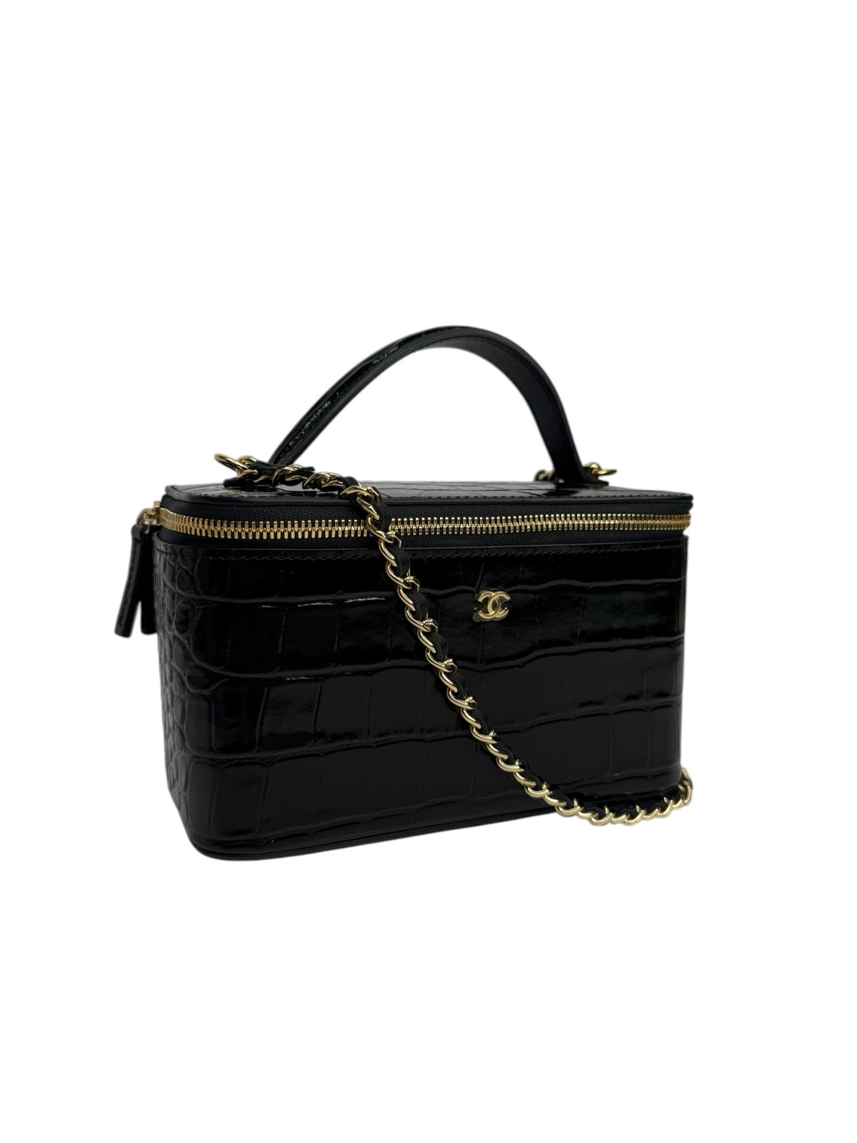Chanel Black Crocodile Embossed Top Handle Vanity T9344