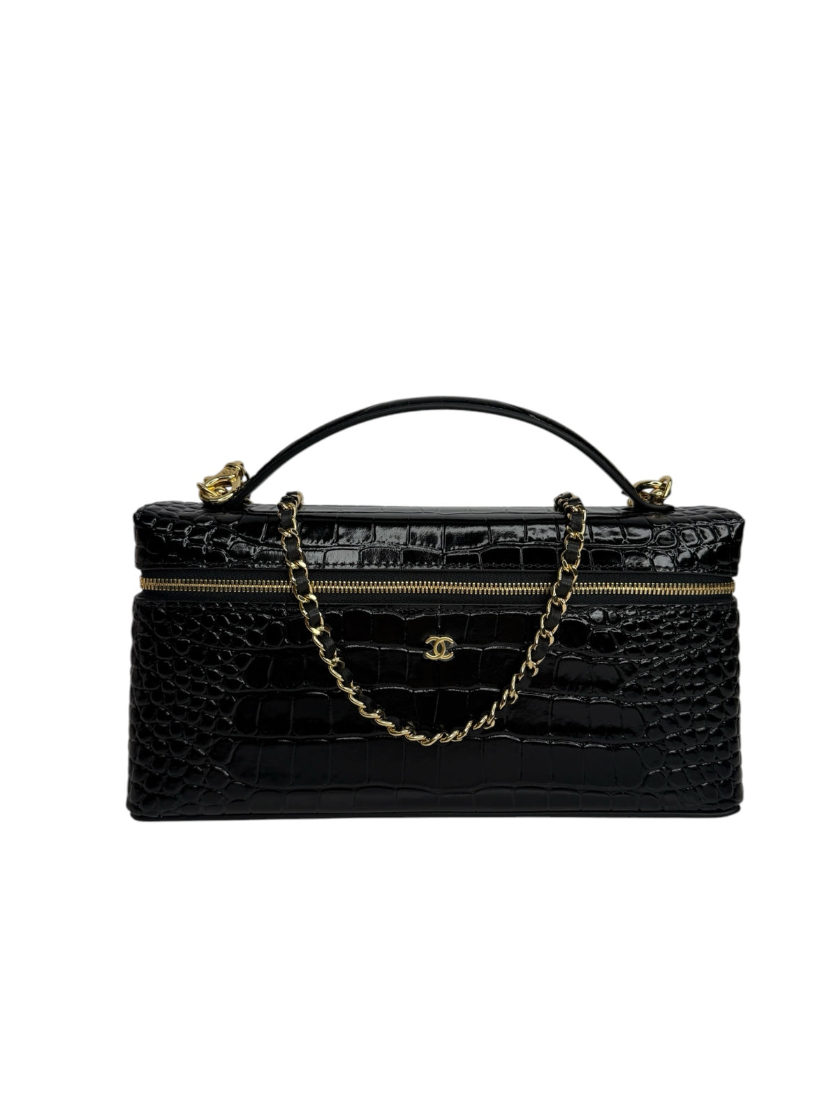 Chanel Black Crocodile Embossed Long Slim Vanity T9345