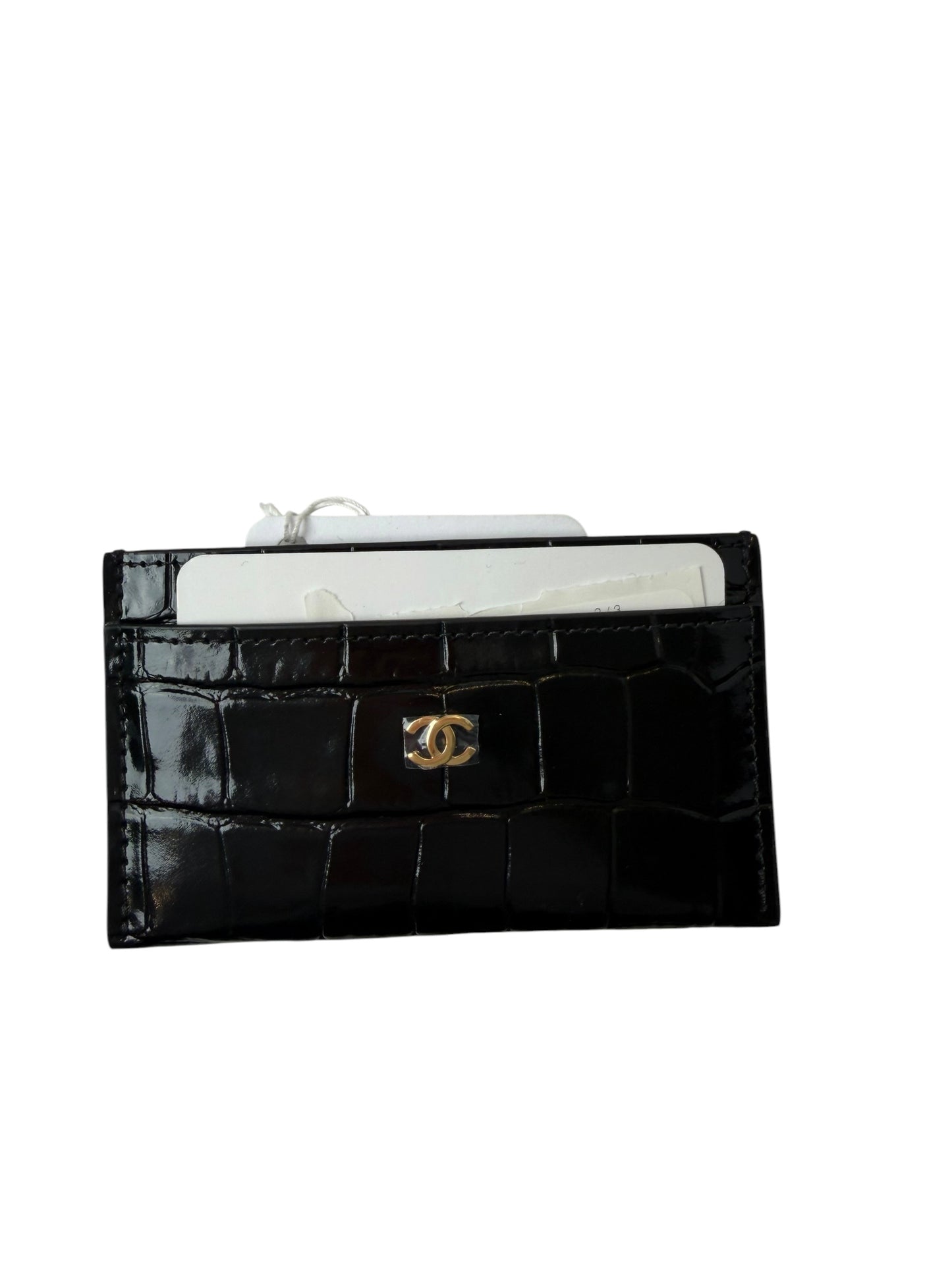 Chanel black crocodile embossed card case brand new T8275