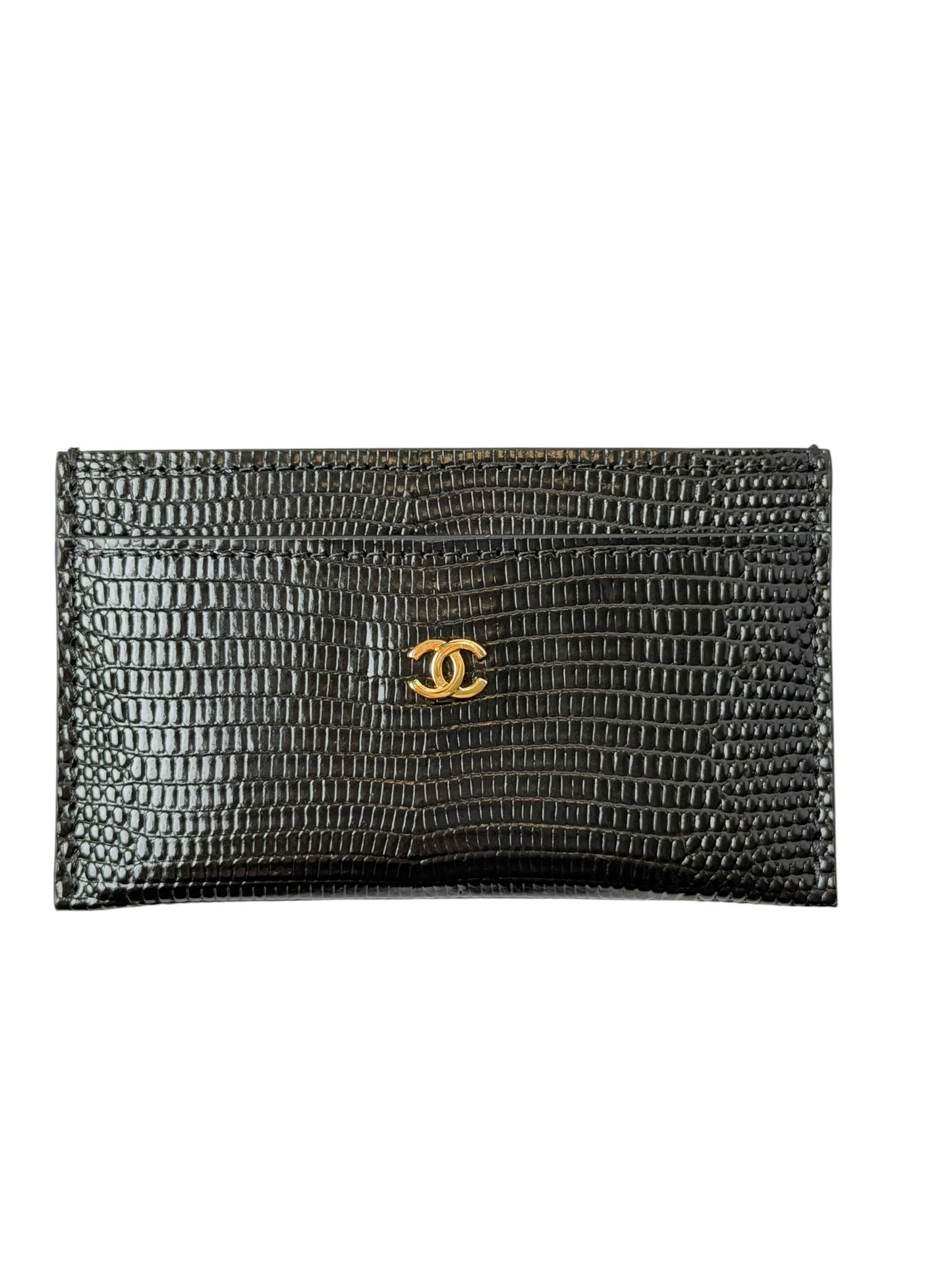 Chanel lizard black gold hardware card case new in box T7896