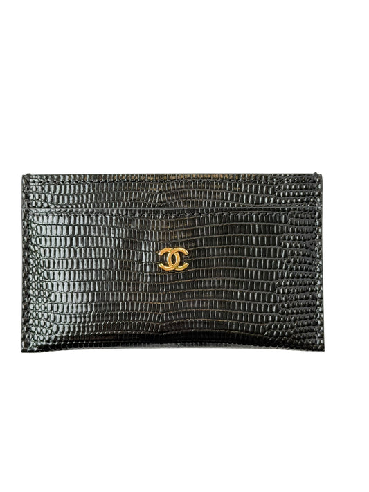 Chanel lizard black gold hardware card case new in box T7896