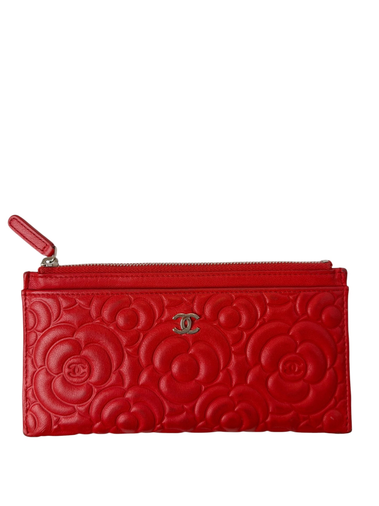 Chanel camellia red embossed zip top wallet T6460
