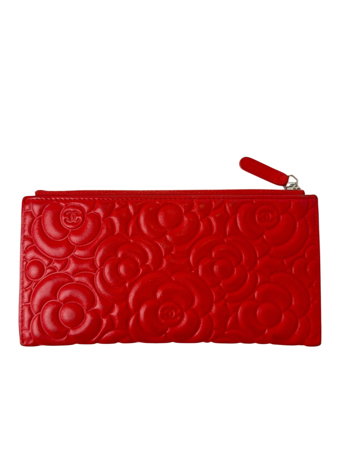 Chanel camellia red embossed zip top wallet T6460