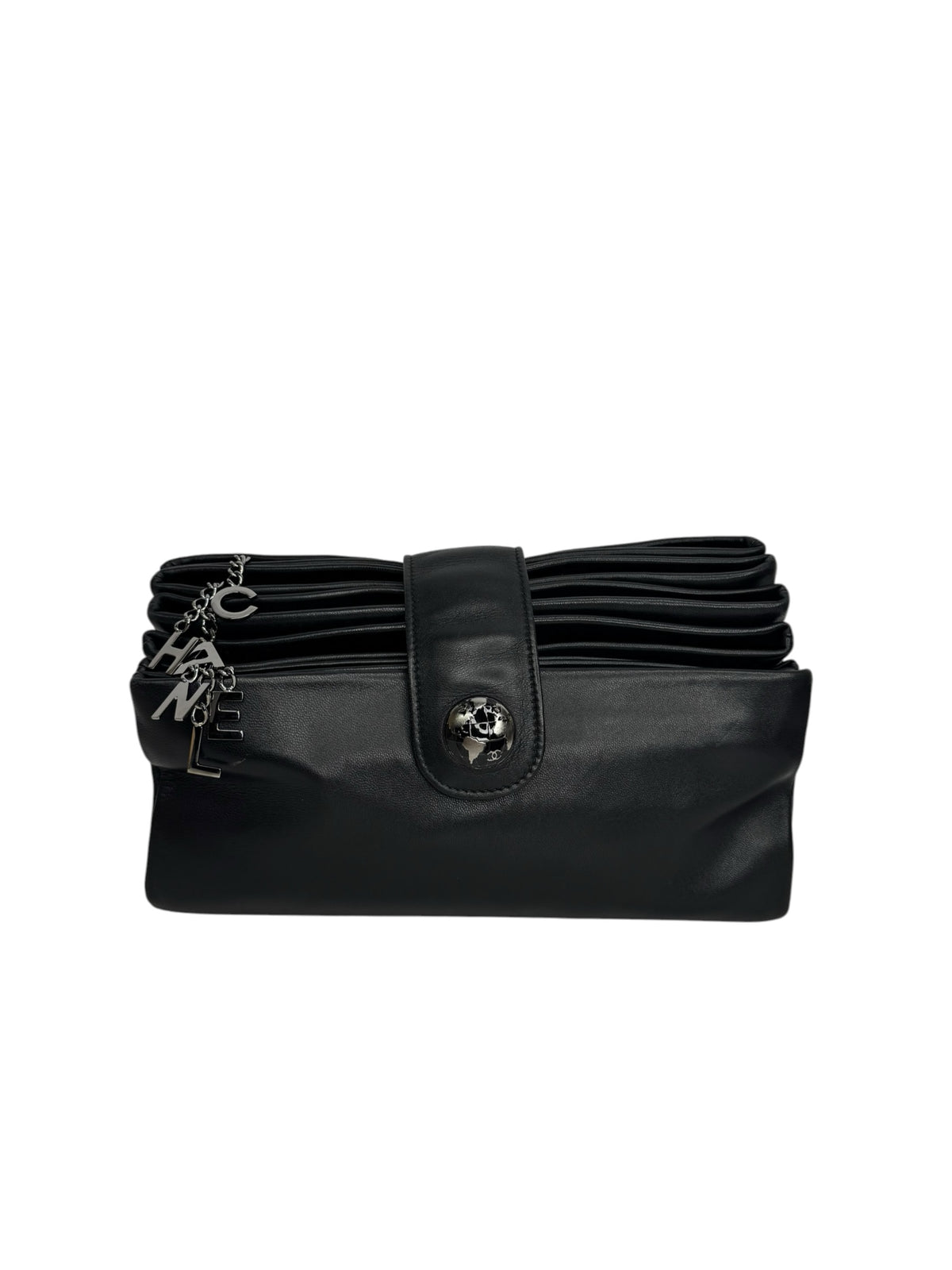 Chanel Black Accordion Globe Clutch T9347