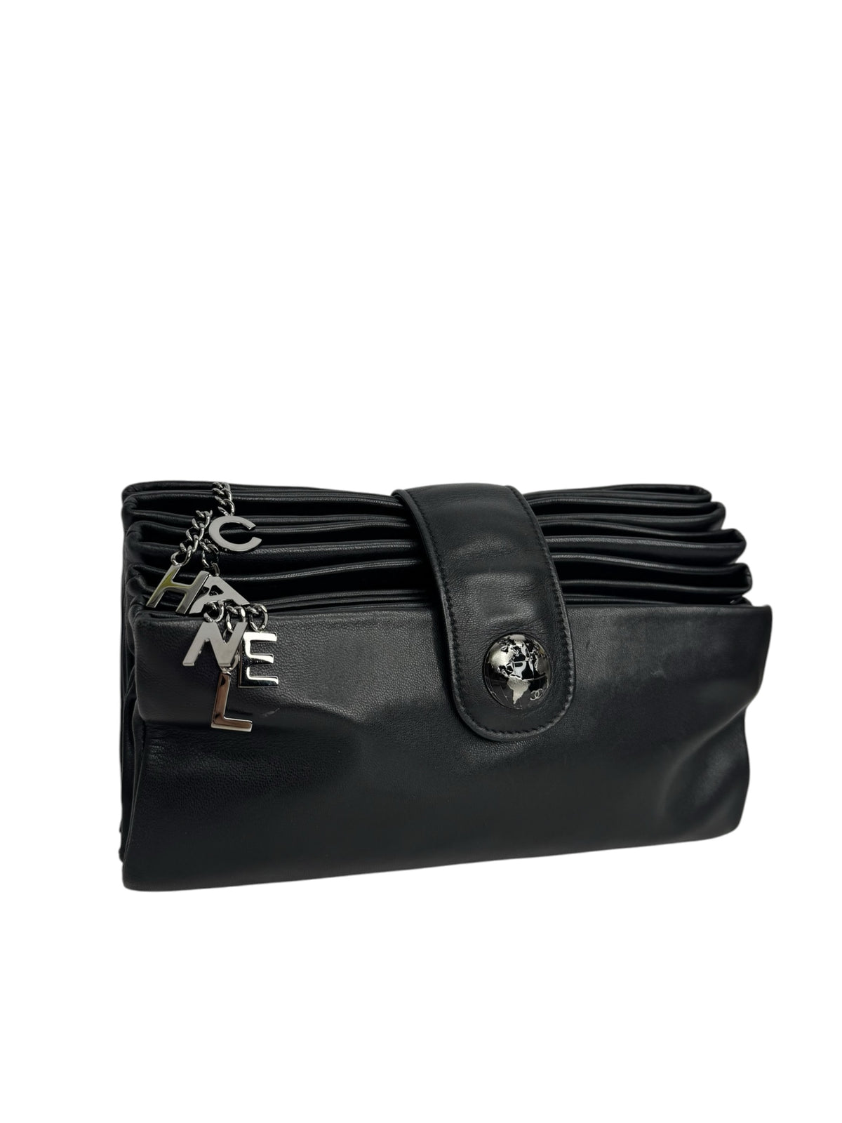 Chanel Black Accordion Globe Clutch T9347