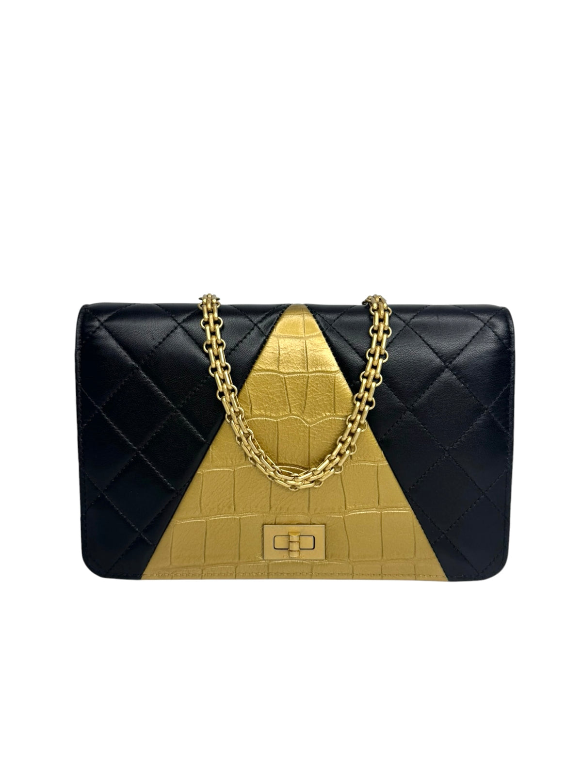 Chanel Crocodile Embossed Black and Gold Reissue Wallet on Chain T9278