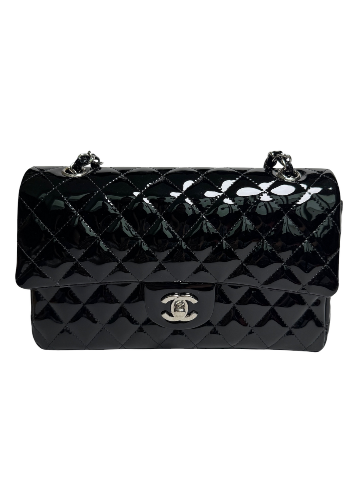 Chanel Black Patent Classic Medium Double Flap SHW T8328