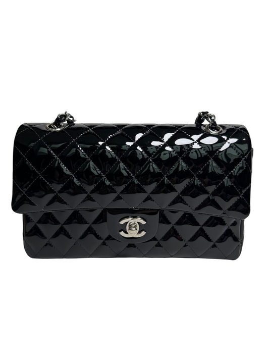 Chanel Black Patent Classic Medium Double Flap SHW T8328