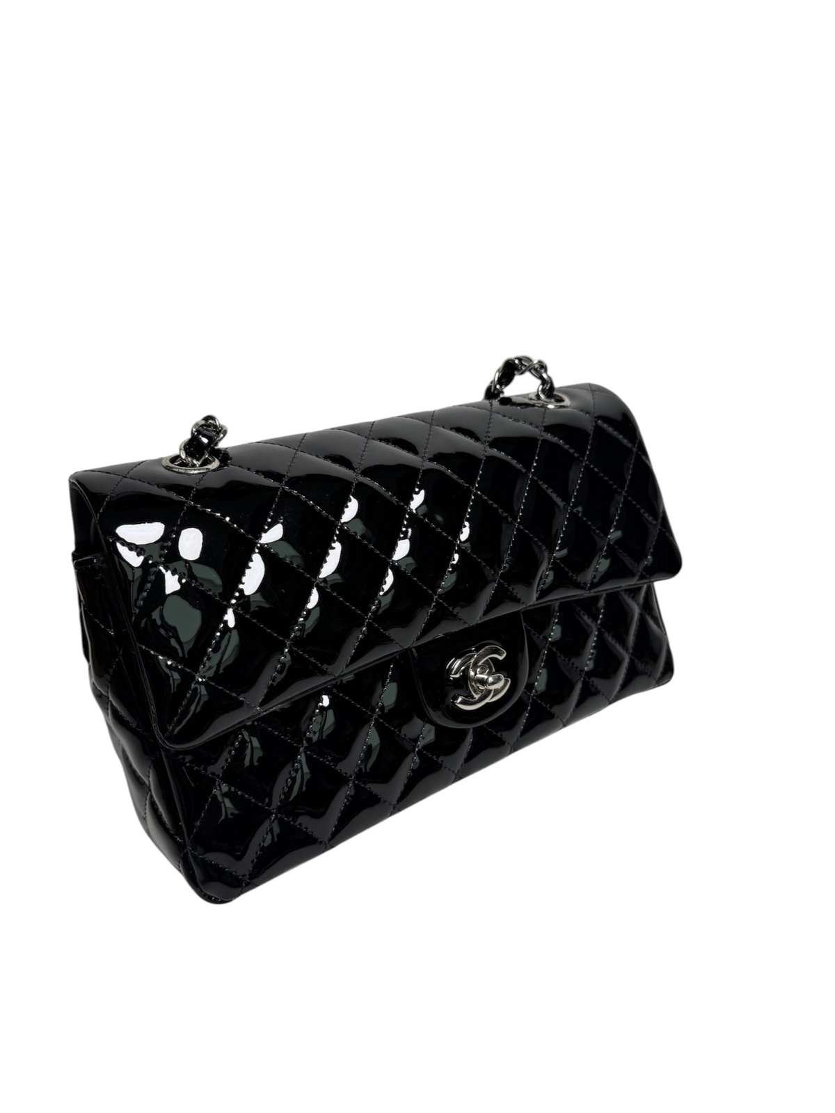Chanel Black Patent Classic Medium Double Flap SHW T8328
