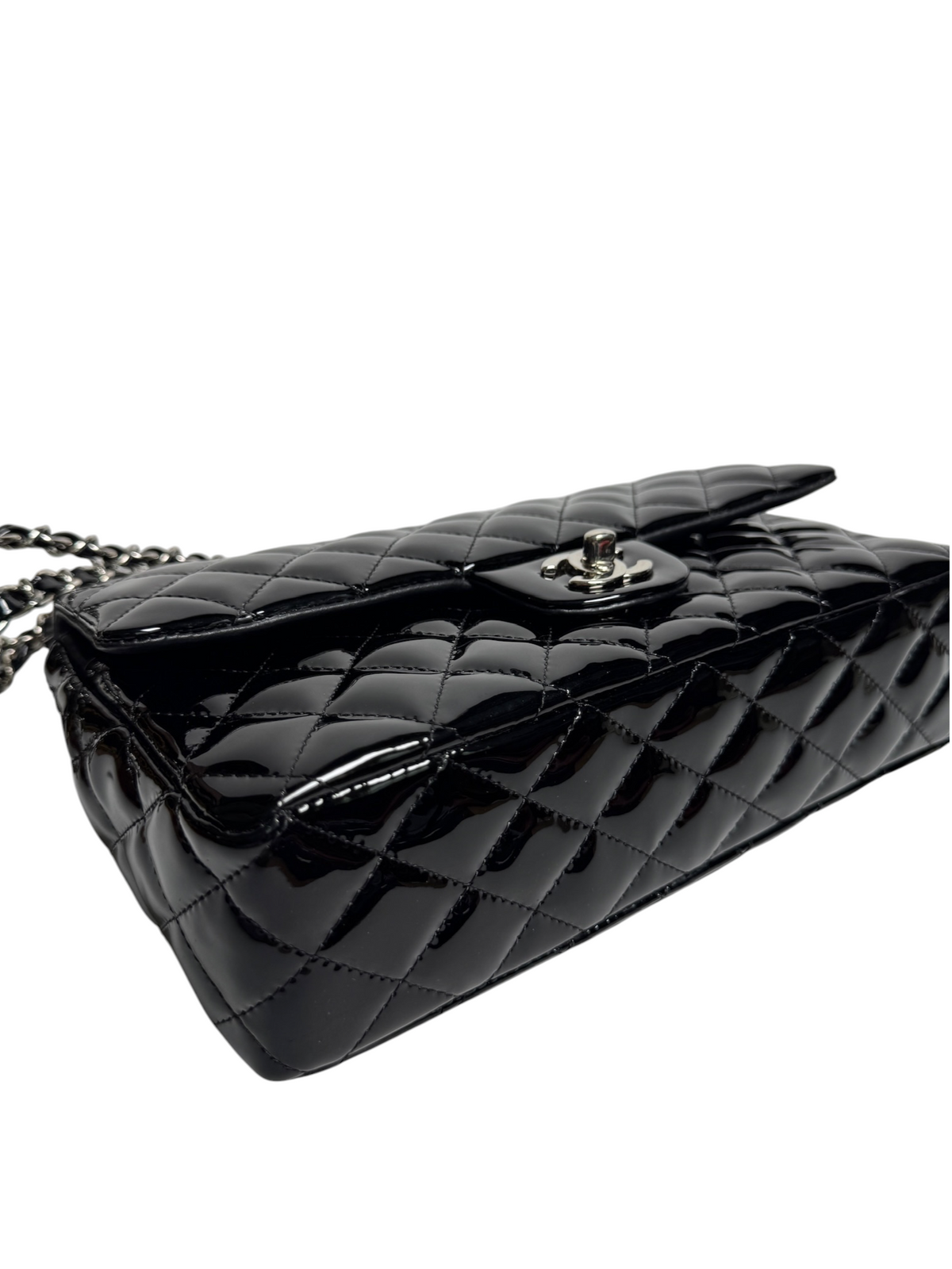 Chanel Black Patent Classic Medium Double Flap SHW T8328