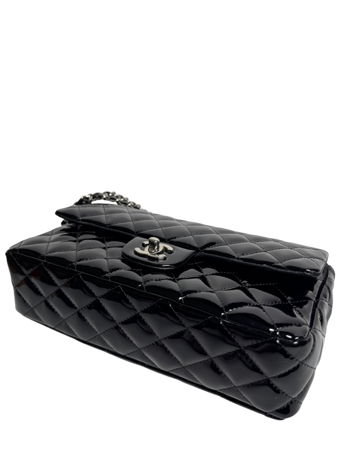 Chanel Black Patent Classic Medium Double Flap SHW T8328
