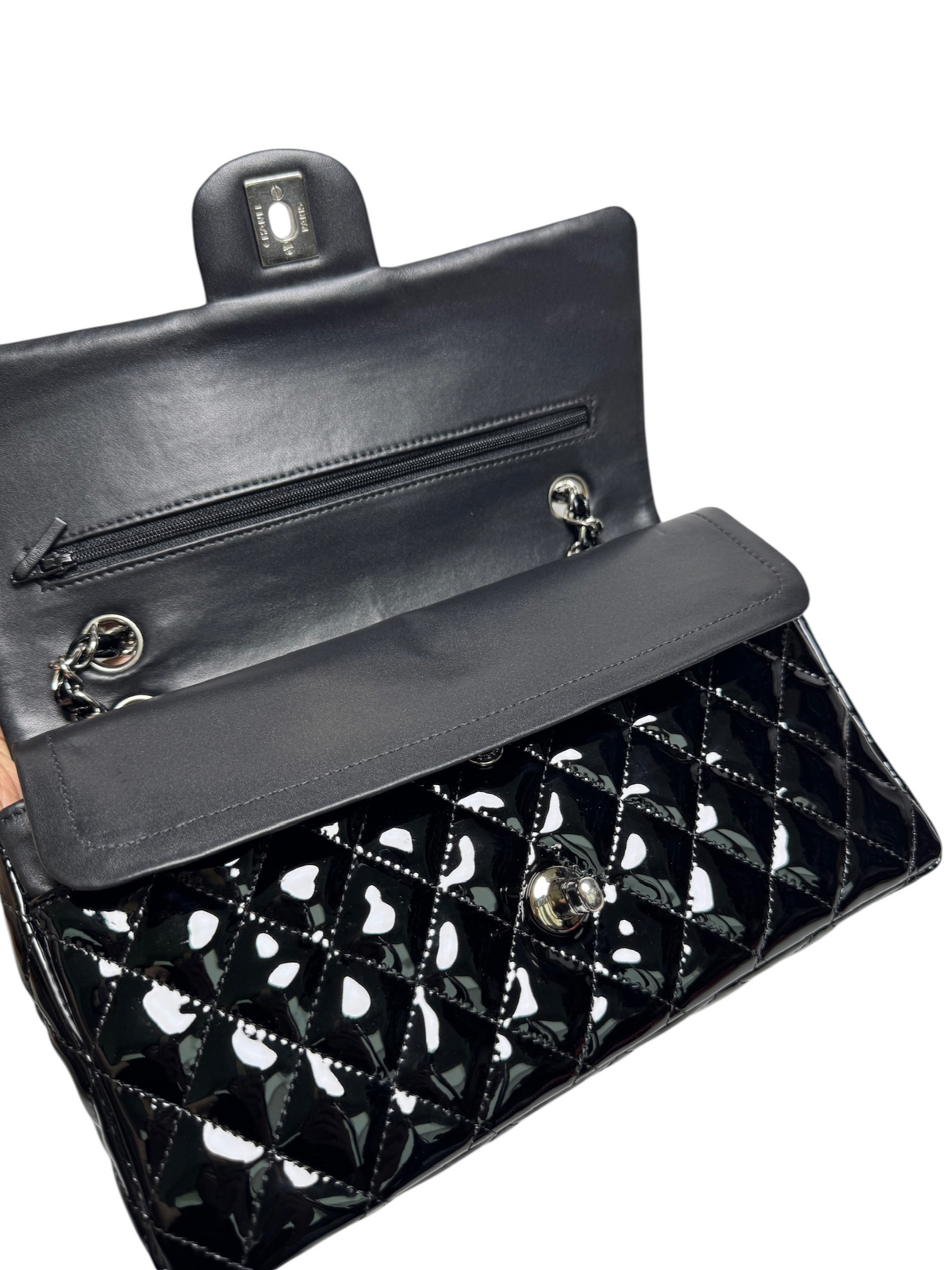 Chanel Black Patent Classic Medium Double Flap SHW T8328