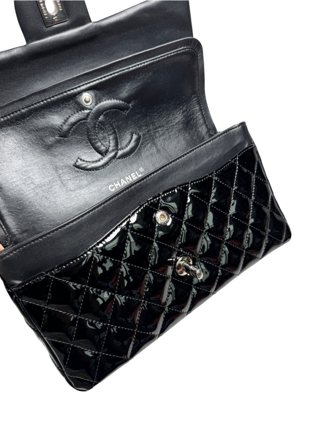 Chanel Black Patent Classic Medium Double Flap SHW T8328