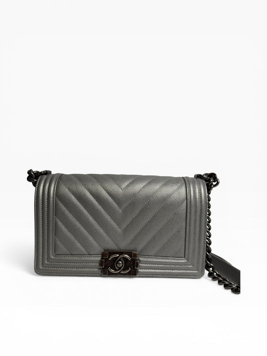 Chanel silver boy caviar chevron