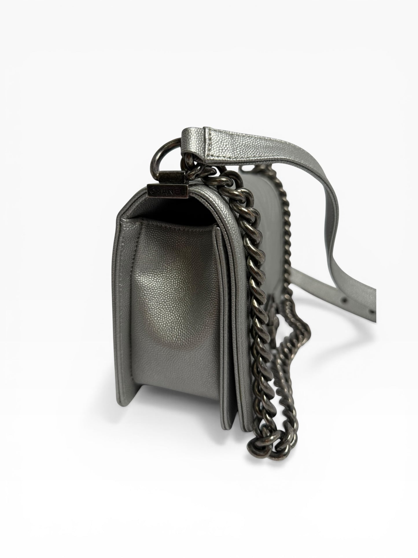 Chanel silver boy caviar chevron