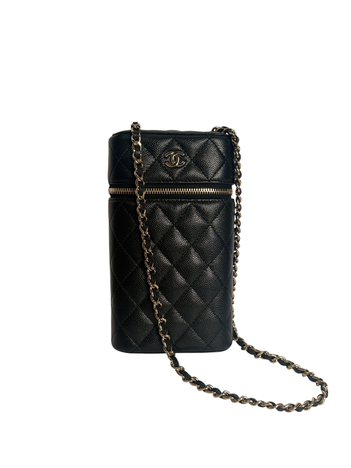 Chanel Black Caviar Phone Holder Zip Crossbody GHW
