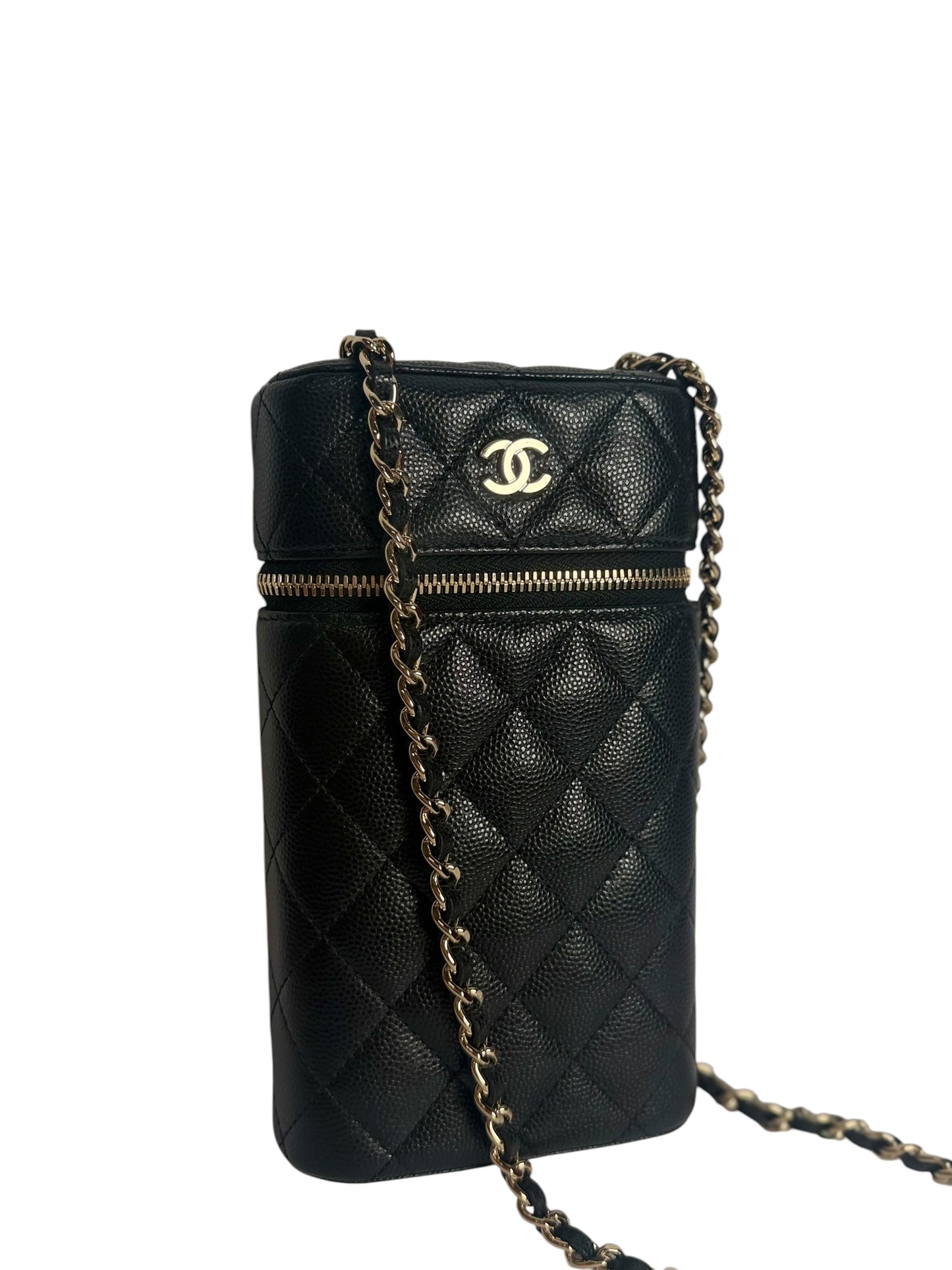 Chanel Black Caviar Phone Holder Zip Crossbody GHW